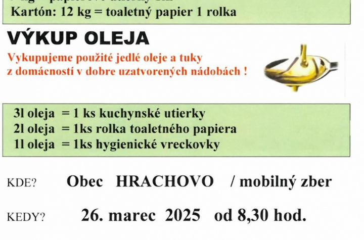 Výkup papiera a výkup oleja dňa 26. 03. 2025