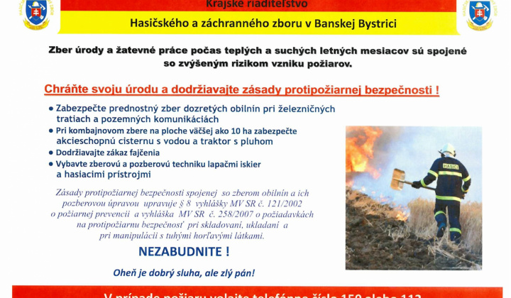 Upozornenie KRHaZZ Banská Bystrica - Zber úrody a žatevné práce